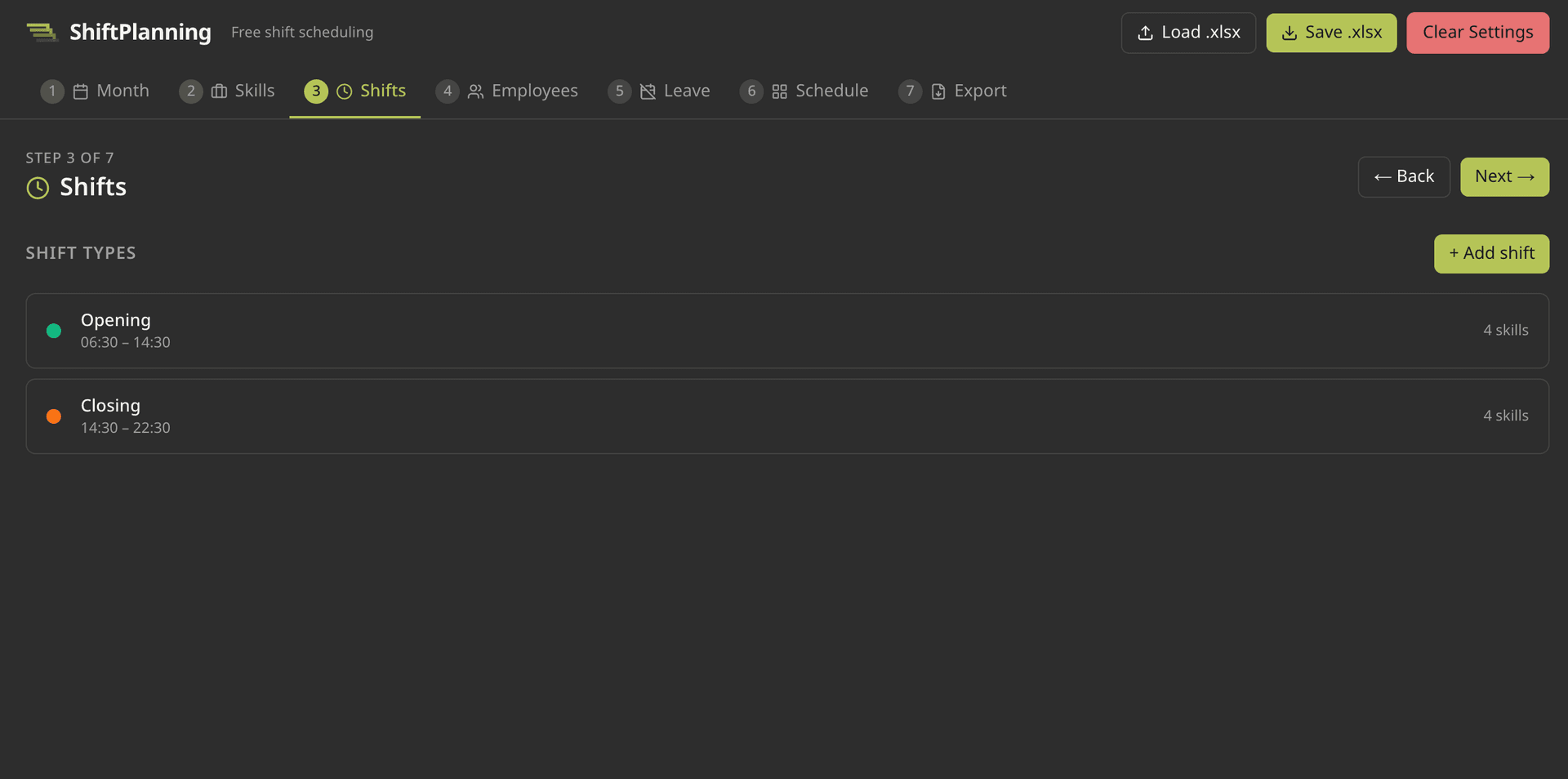 Configure shift types